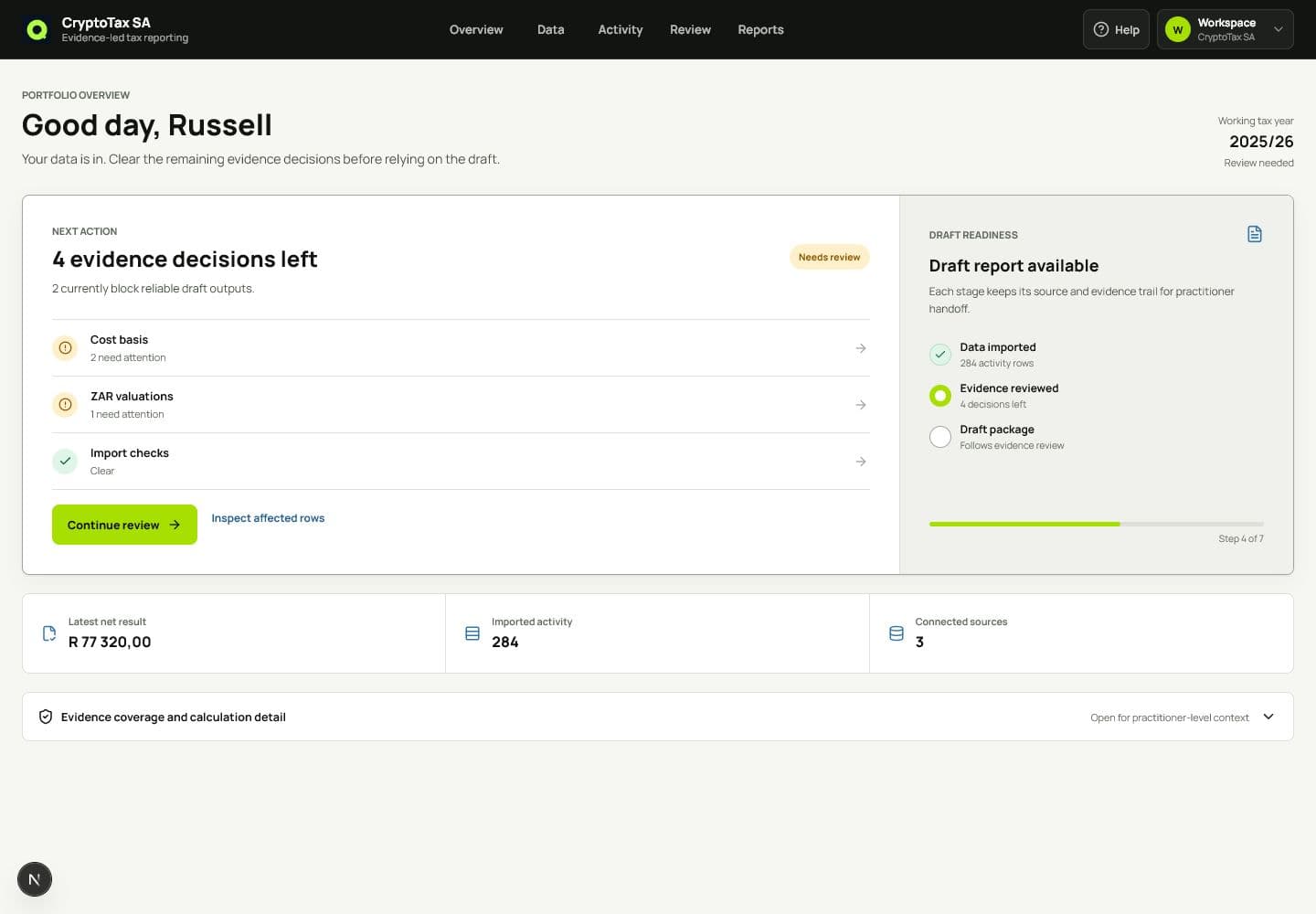 CryptoTax SA dashboard showing the next evidence action and draft readiness